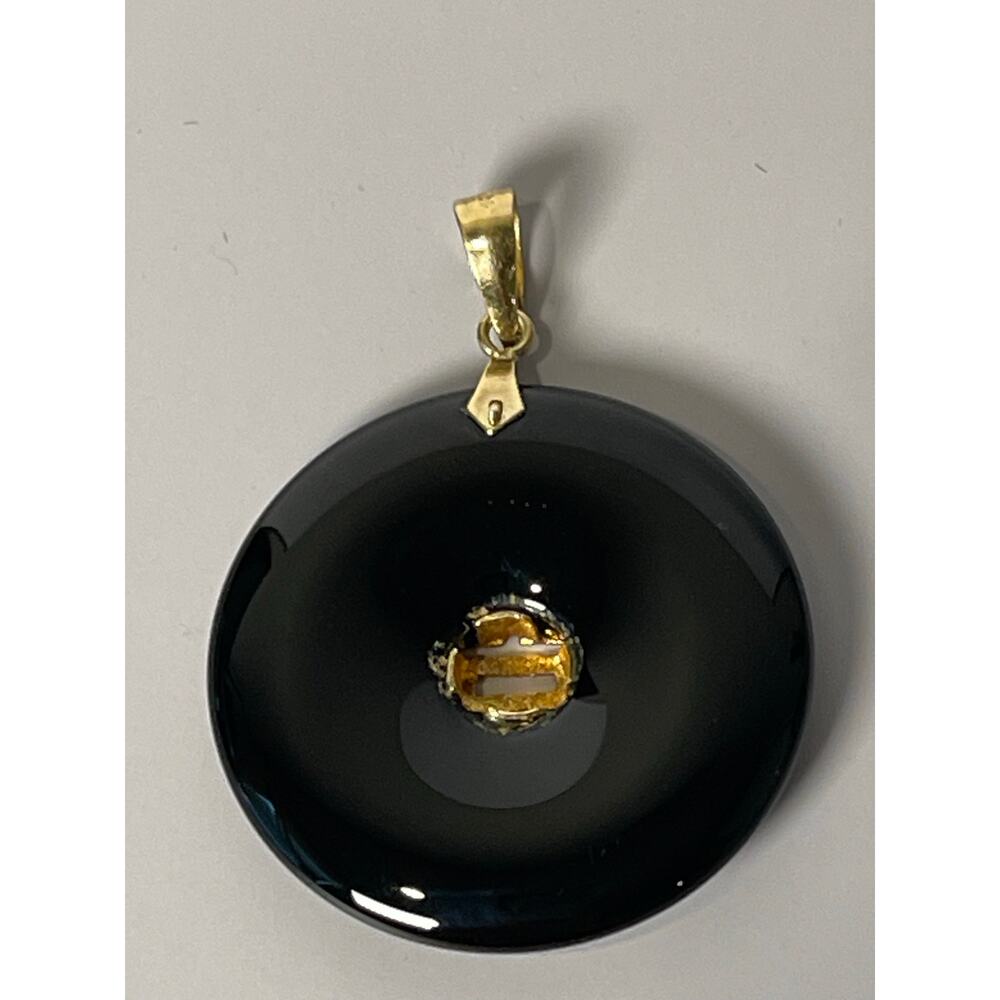 14K Yellow Gold Black Onyx Asian Longevity Symbol Pendant - Picture 3 of 9